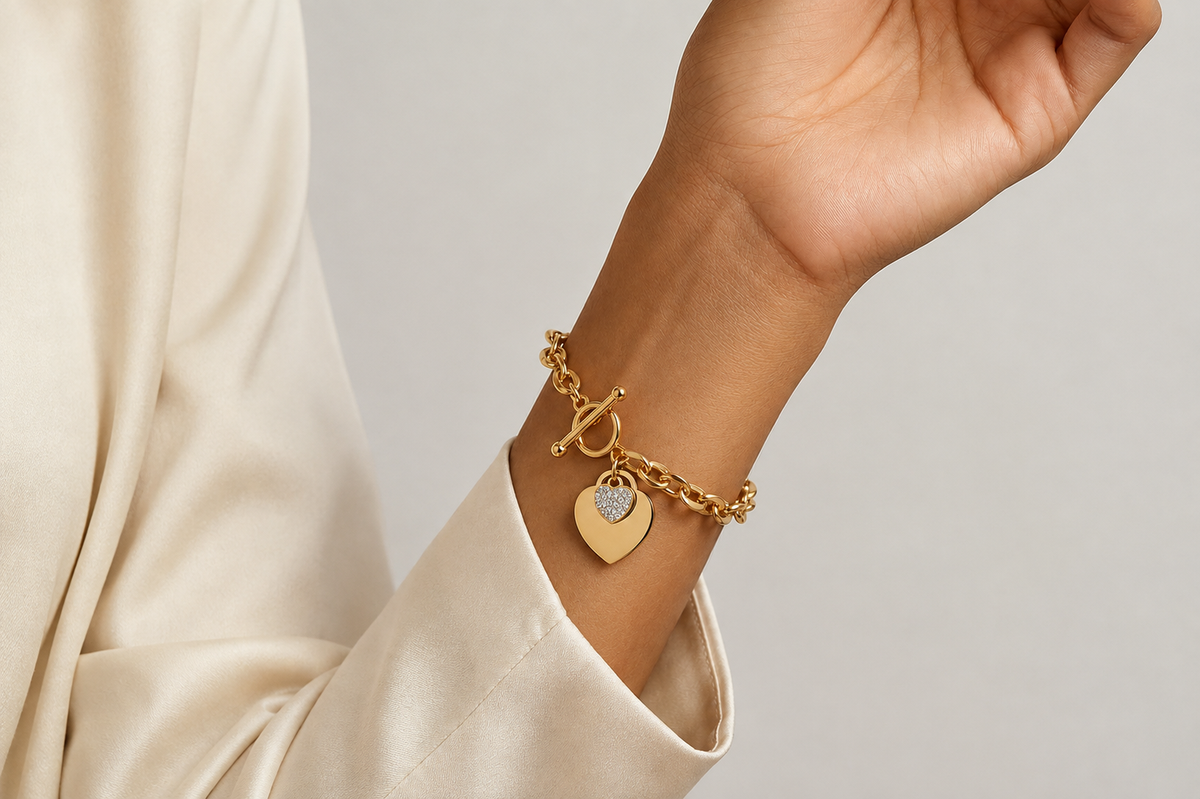 18kt Gold over Titanium Steel Crystal Accented Toggle Bracelet