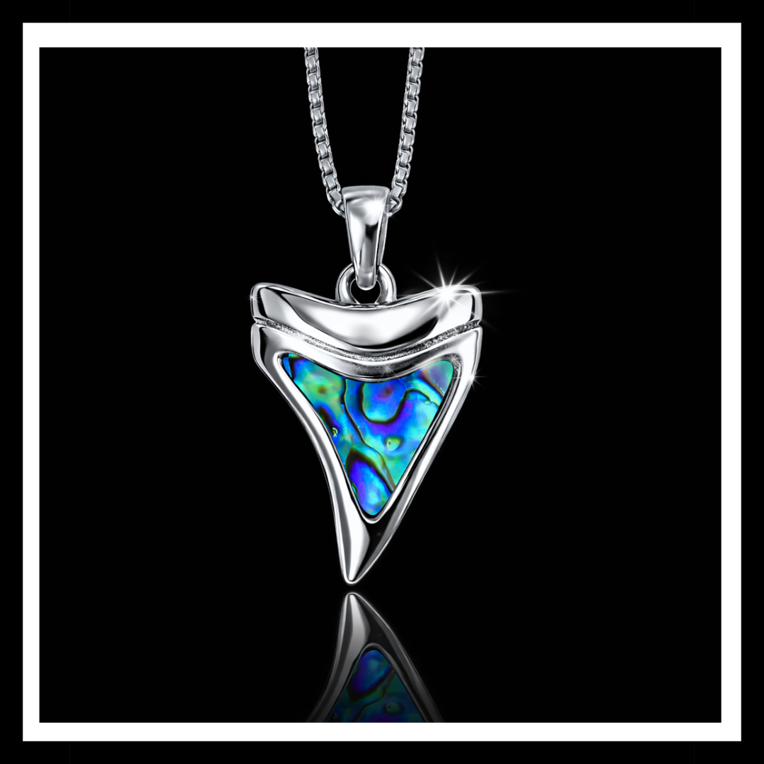 Genuine Abalone Shark Tooth Pendant Necklace – 316L Stainless Steel with 22” Chain