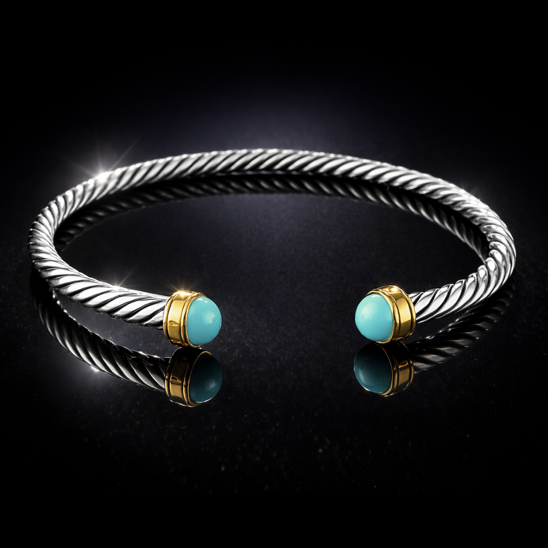 18 KT Gold & Sterling Silver Turquoise Accented Designer-Inspired Twisted Bangle