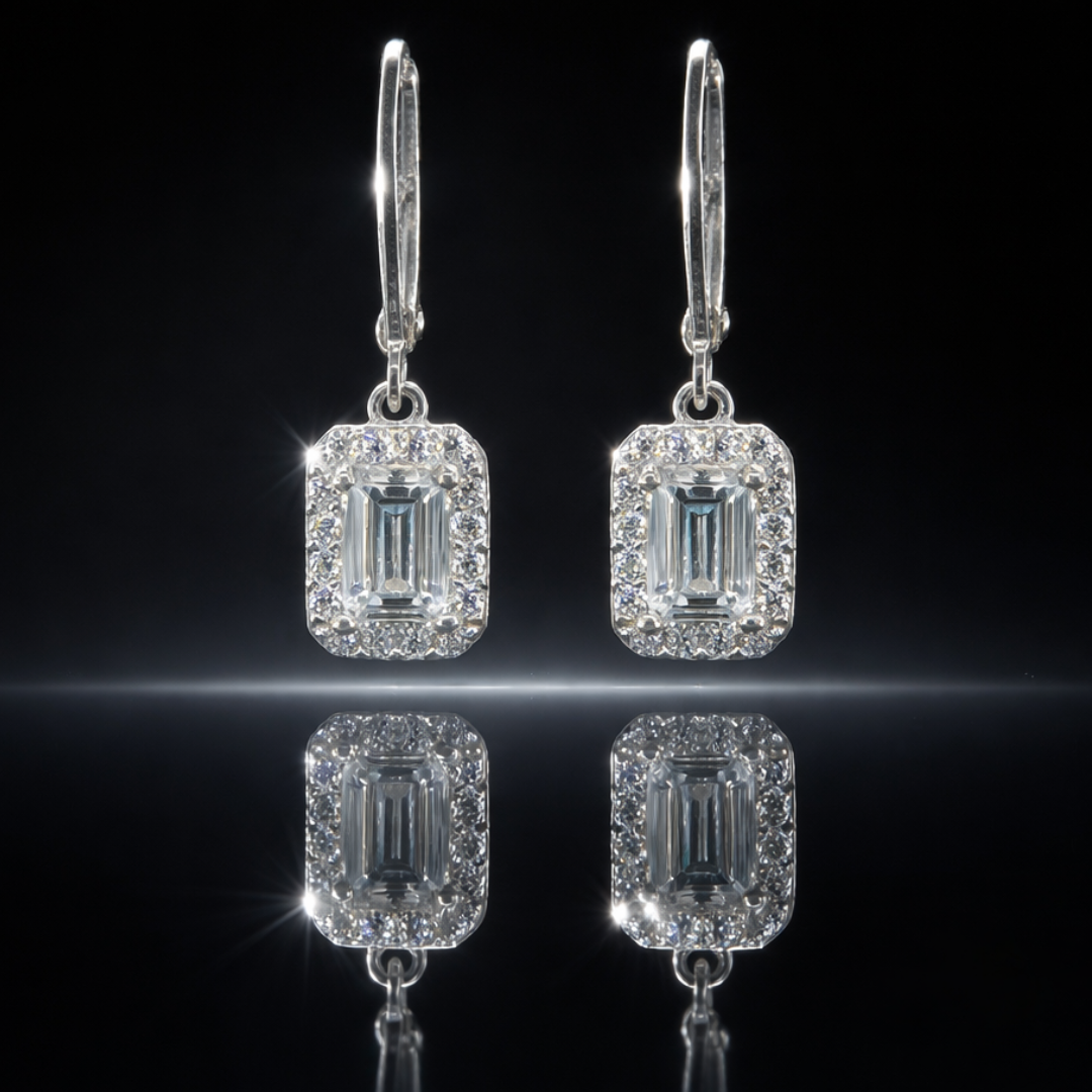 925 Rhodium Finished 2.50 CTW LG White Sapphire Emerald Cut Dangle Earrings