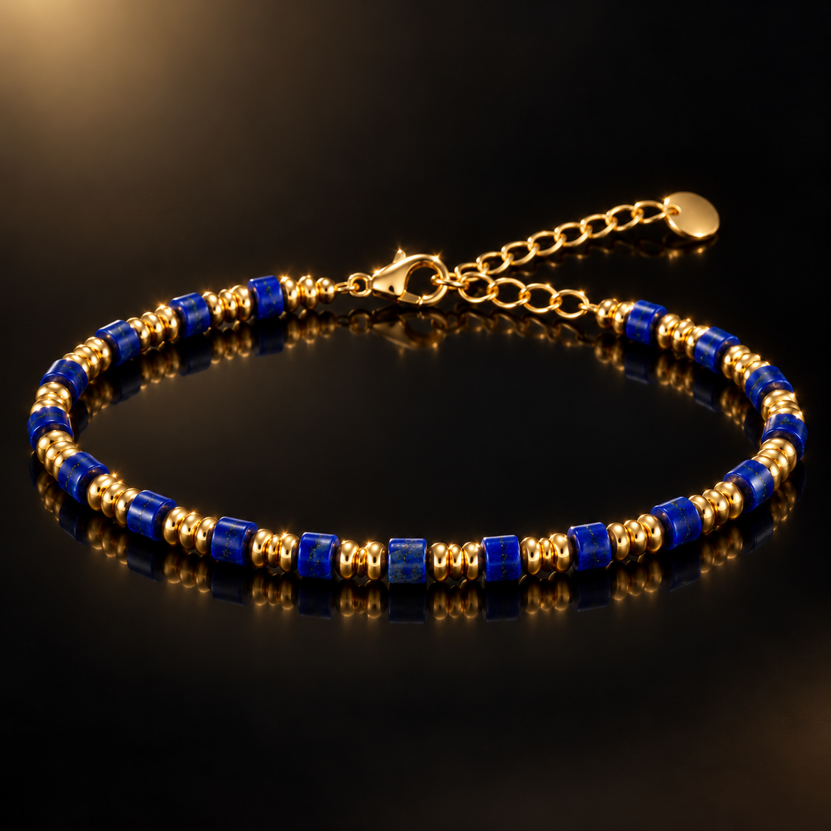 14kt Yellow Gold over Stainless Steel Genuine Lapis Rondelle Bead Bracelet