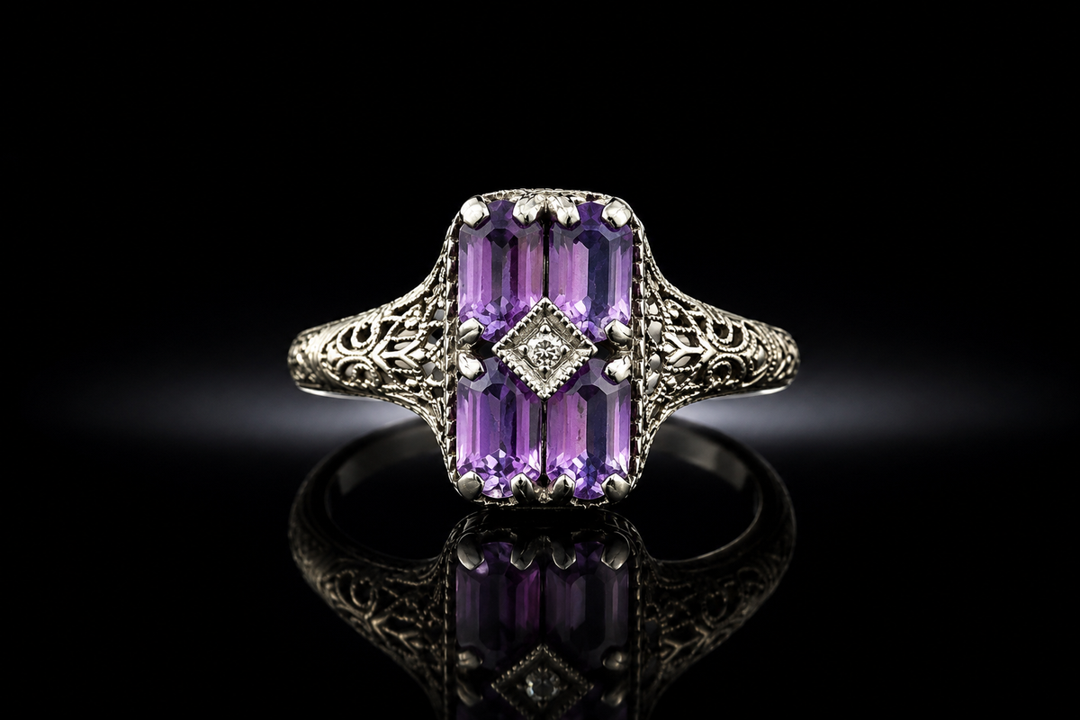 925 Sterling Silver Vintage Filigree Amethyst Ring