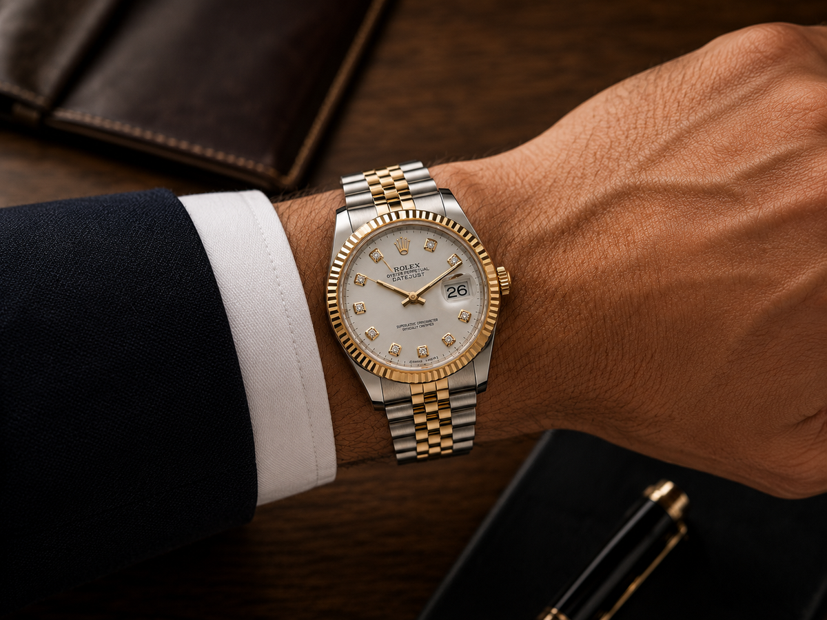 GENUINE CERTIFIED PRE-OWNED ROLEX 18 kt. Yellow Gold Stainless Steel Diamond Dial 36mm Datejust Jubilee Band