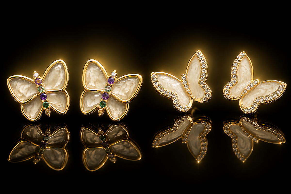 14kt. Yellow Gold PVD Mother of Pearl Butterfly Studs 1450 - Multi Color 1451 - White Sapphire