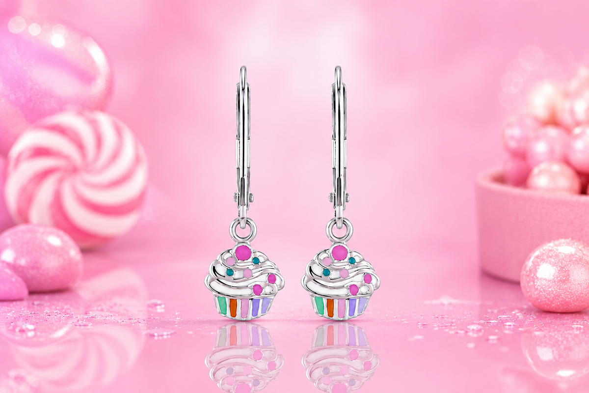 925 Sterling Silver Enamel Cupcake Leverback Earrings