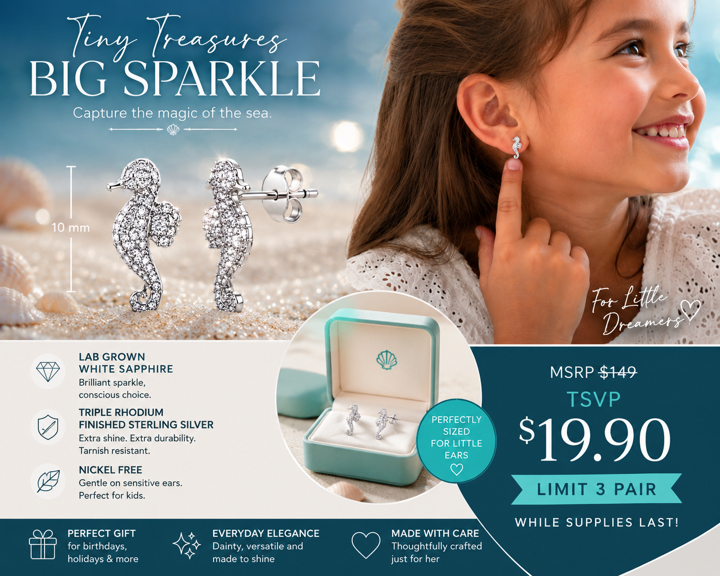 925 Triple Rhodium Finished Sterling Silver LG White Sapphire Pavé Seahorse Stud Earrings