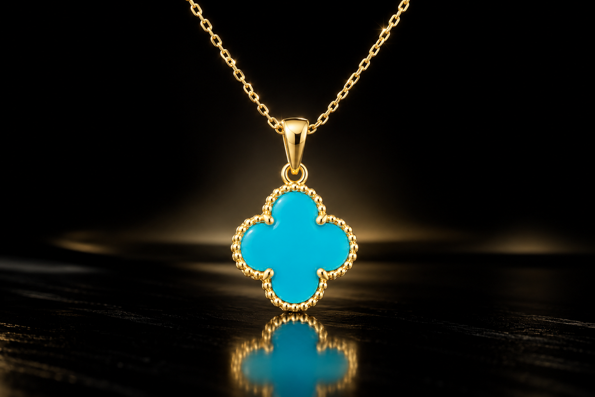 14K Yellow Gold 11.5mm Genuine Sleeping Beauty Turquoise Clover Pendant Necklace, 18"