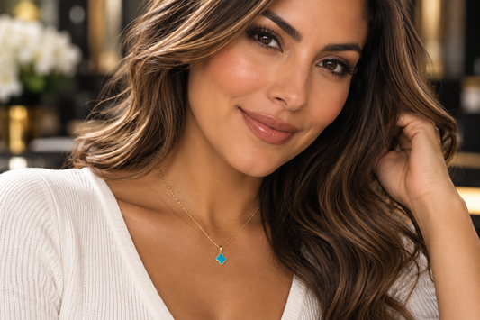 14K Yellow Gold 11.5mm Genuine Sleeping Beauty Turquoise Clover Pendant Necklace, 18"