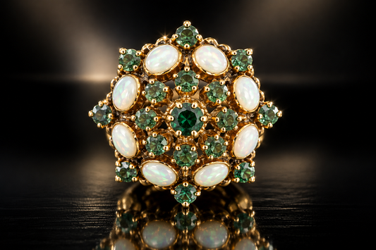 18K Yellow Gold Vintage Genuine Emerald & Opal Ring, Circa 1895-1905