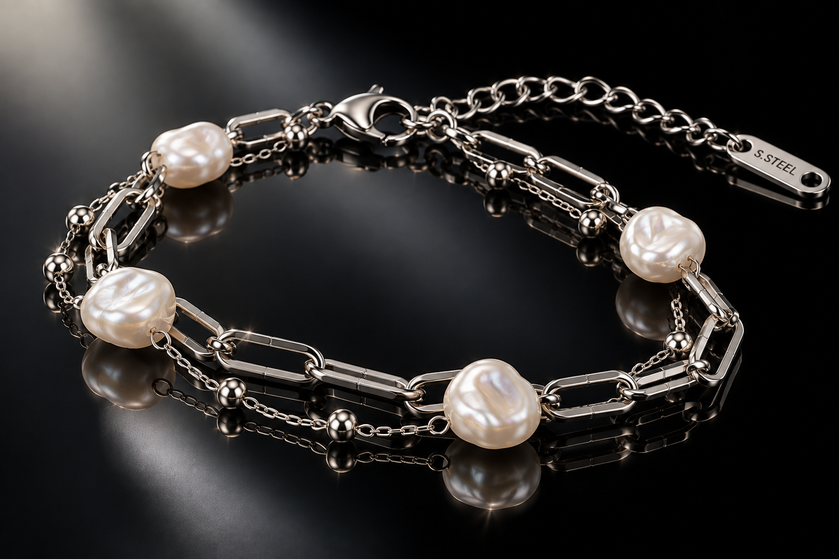 5mm Keshi Pearl Double Strand Paperclip & Bead Bracelet, 7.5"+2" ext.