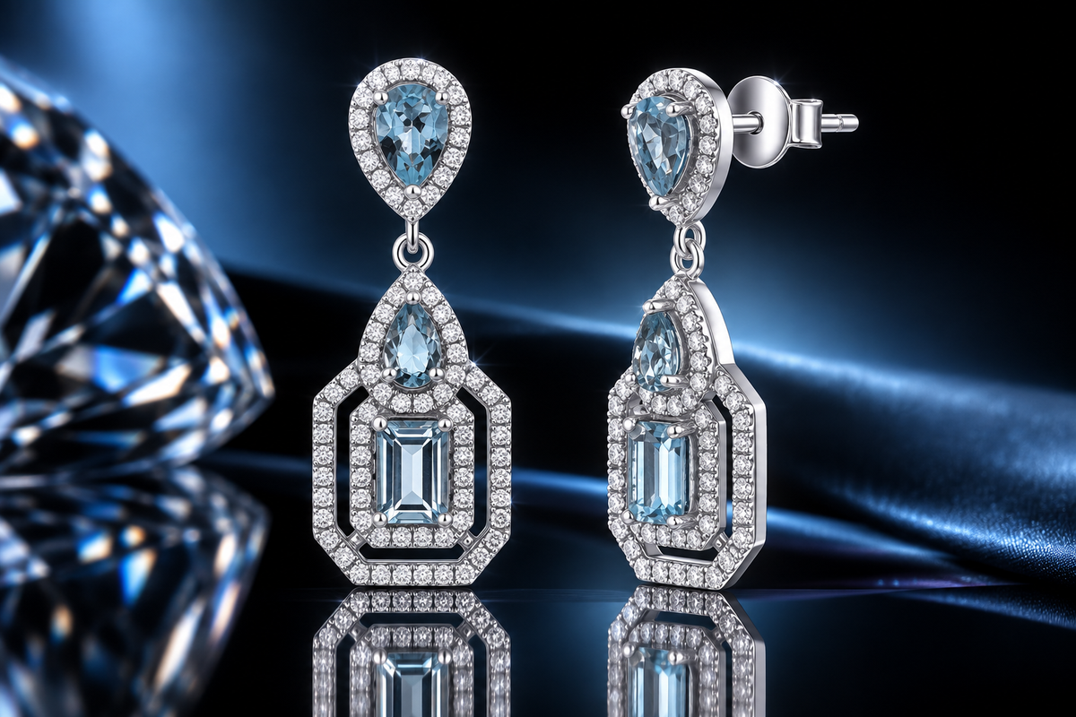 925 Fine Italian Sterling Silver 7.65 ctw Sky Blue & White Topaz Pendant & Earring Set by Bellisima