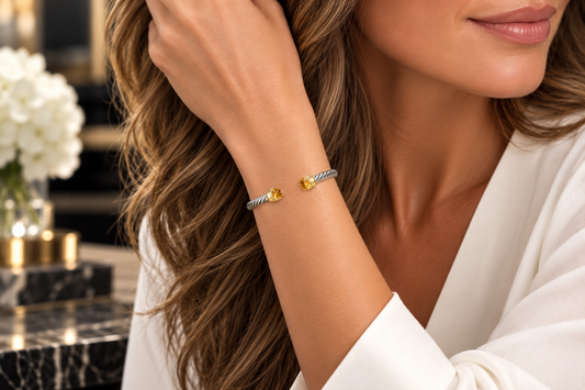 18K Yellow Gold & Sterling Silver Genuine Citrine Cable Cuff Bracelet