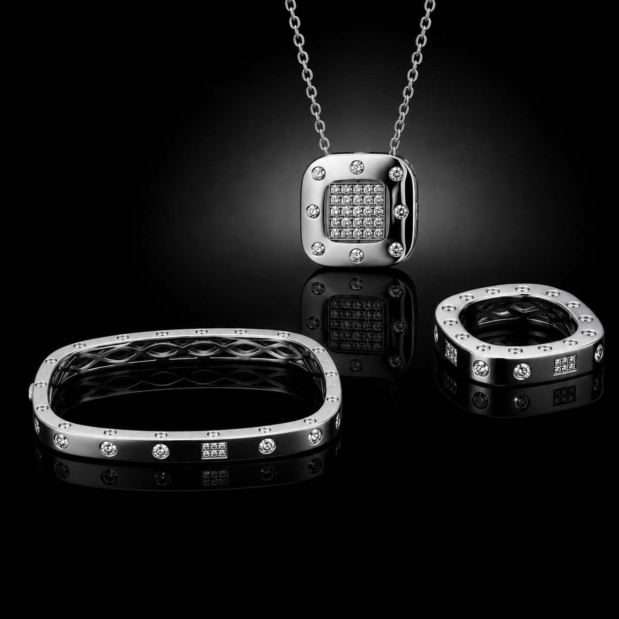 925 Triple Rhodium Fine Italian Silver Bracelet, Pendant & Ring Collection