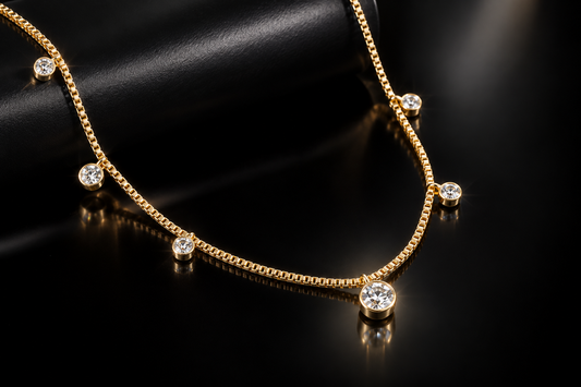 14KT Yellow Gold Over Stainless Steel 7-Stone Bezel-Set Dangling Station Necklace
