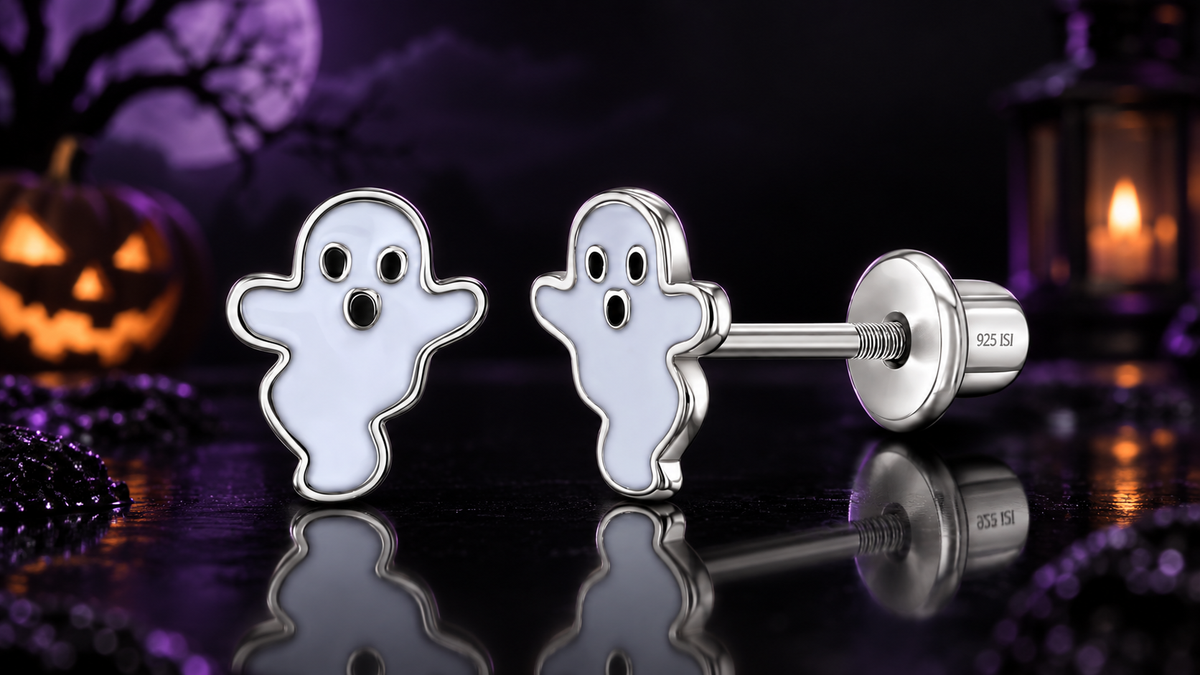 925 Triple Rhodium & Enamel Finished Screw Back Ghost Stud Earrings