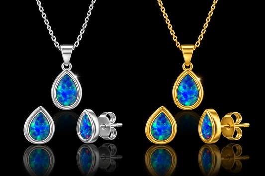 14kt/Rhodium Finished Sterling Silver Pear Shape Opal Pendant & Earring Set