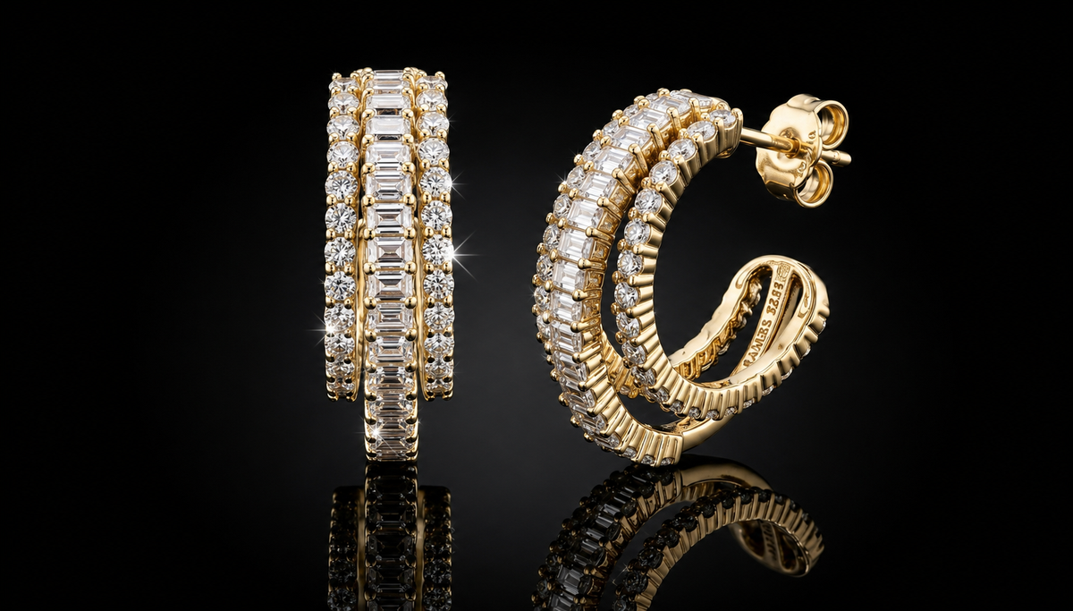 14kt Gold over Silver 2.55 CTW Lab-Grown White Sapphire Triple Row Hoop Earrings