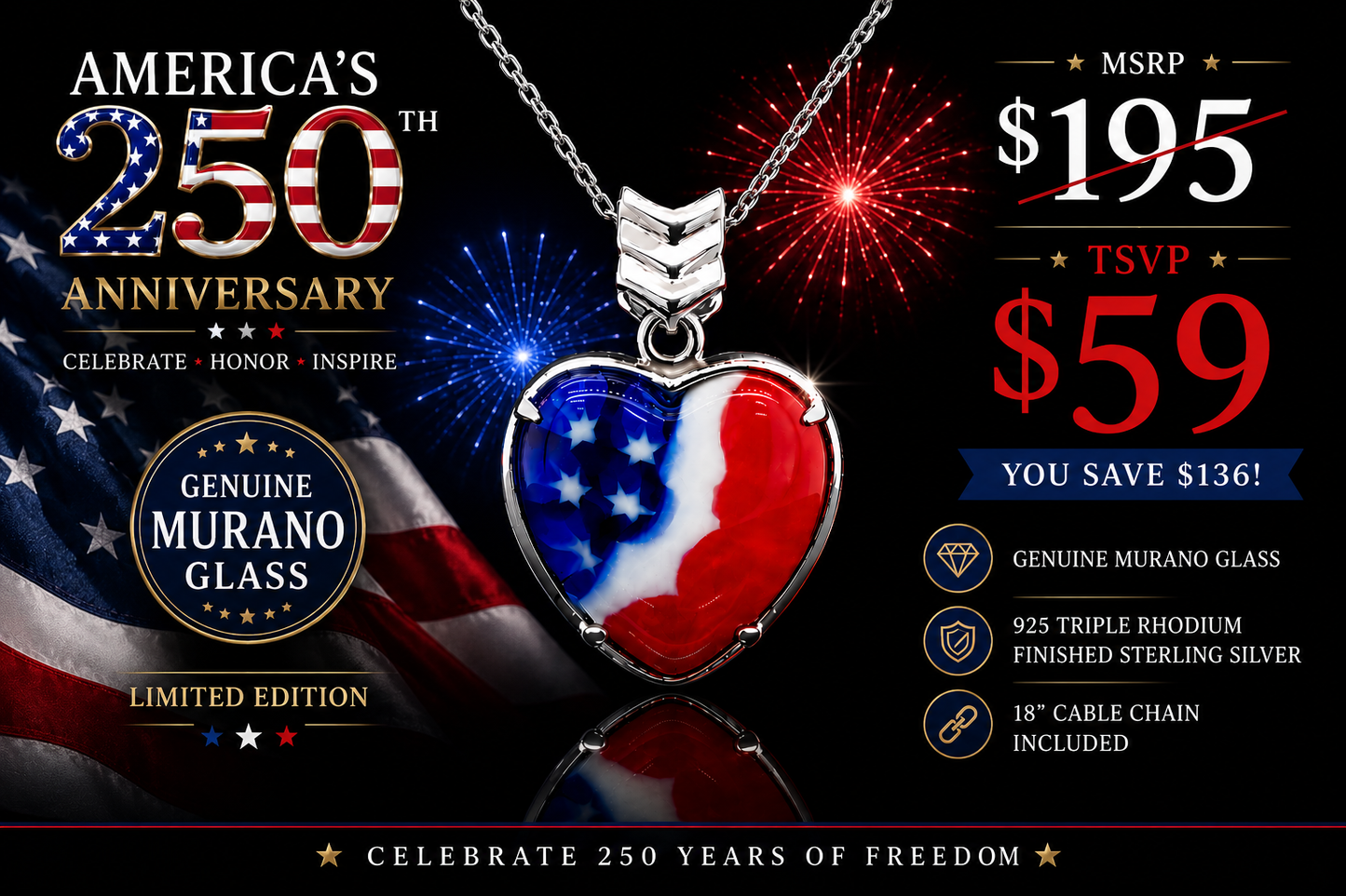 15mm Murano Glass American Flag Heart Shaped Pendant
