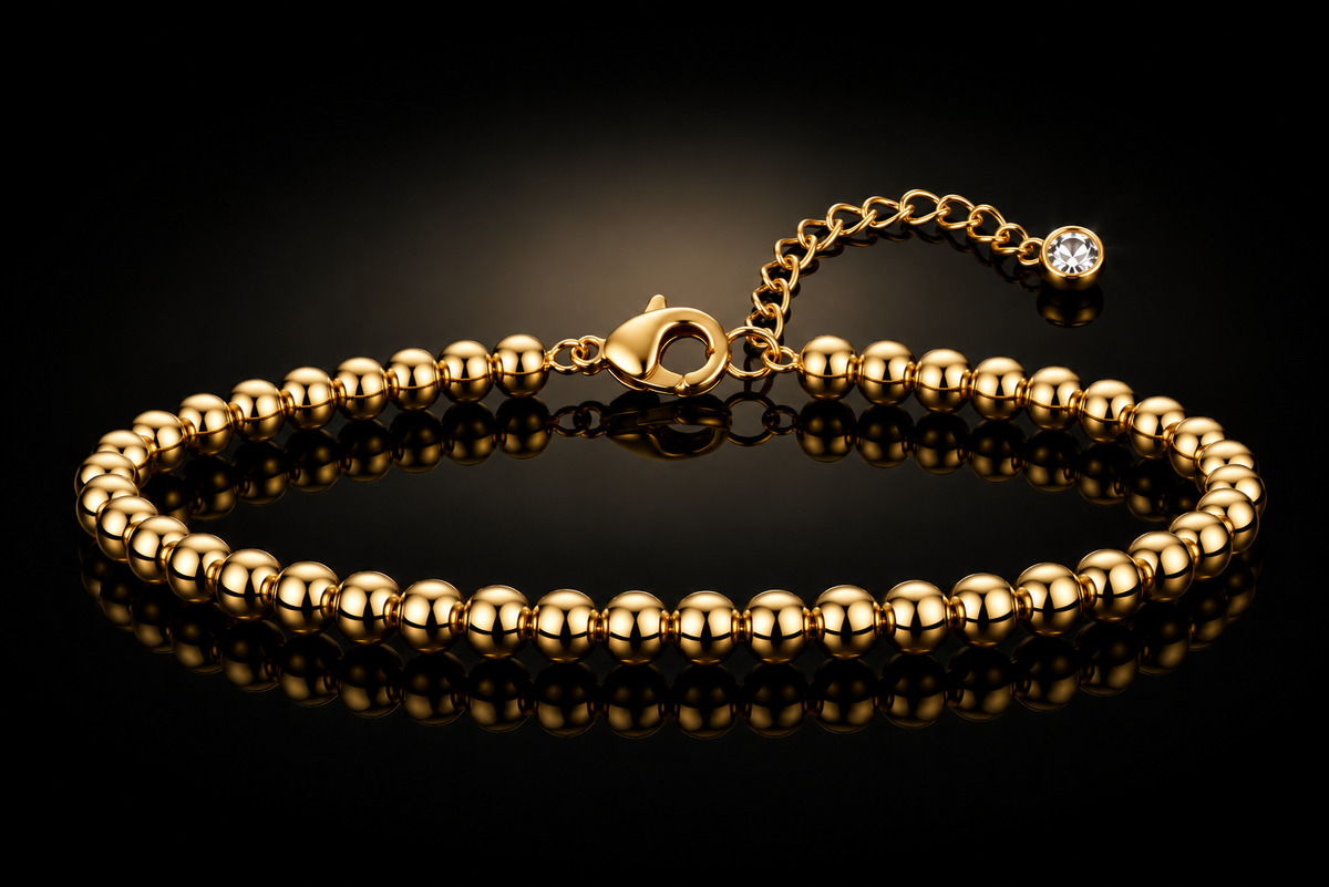 18kt Gold over Titanium Steel Crystal-Accented Bracelet Paper Clip & Beaded Chain