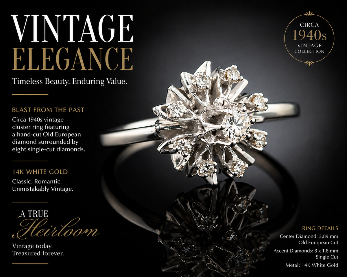14K White Gold Vintage Diamond Starburst Cluster Ring