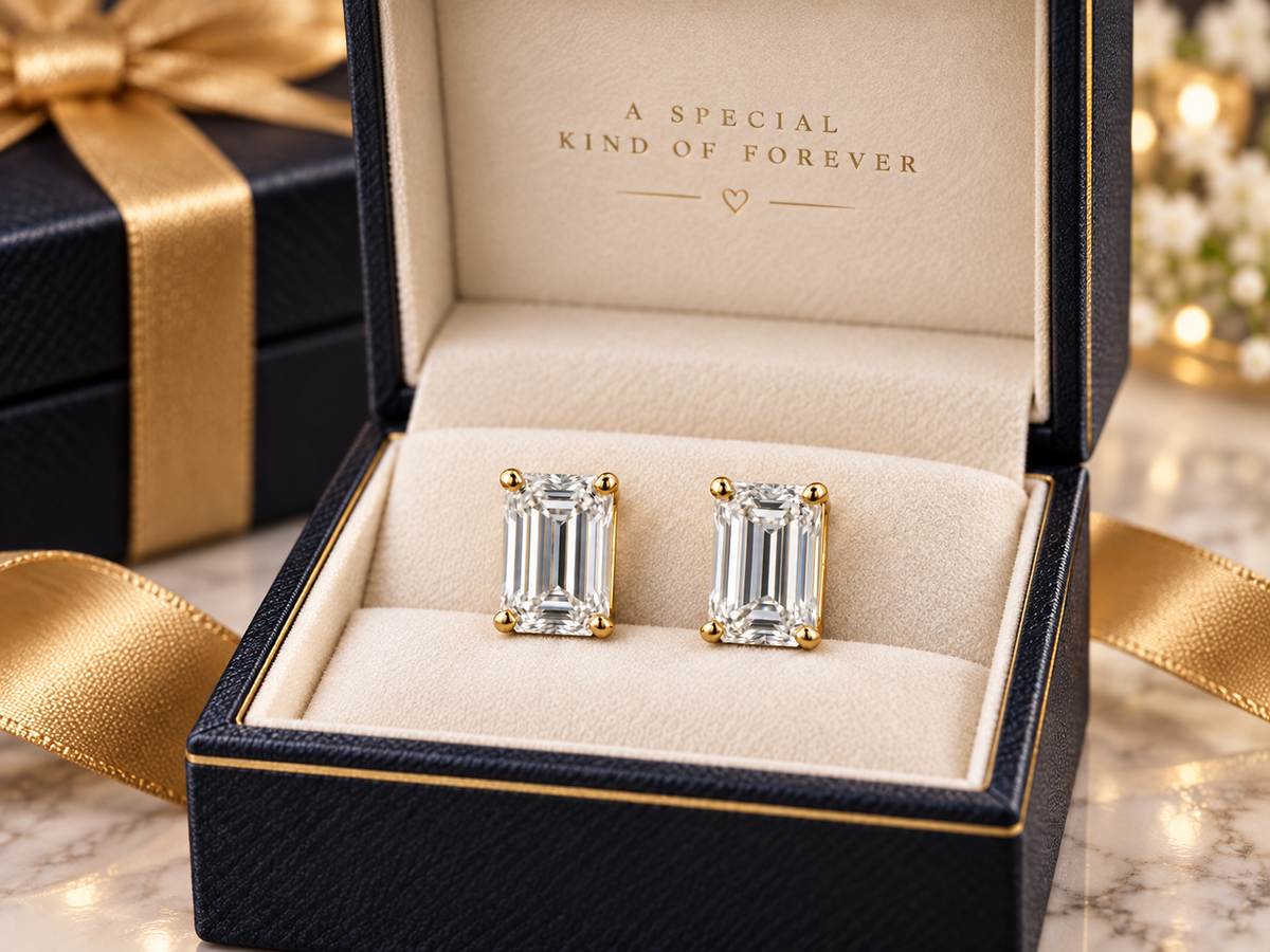 14kt Yellow Gold 2 CTW (VS1-F) Emerald Cut Lab Diamond Stud Earrings