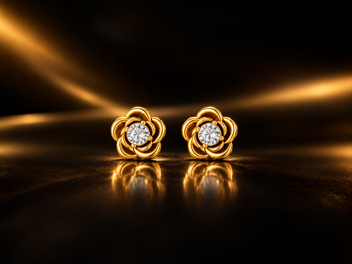 18kt Gold over Stainless Steel CZ Accented Flower Necklace or Earrings