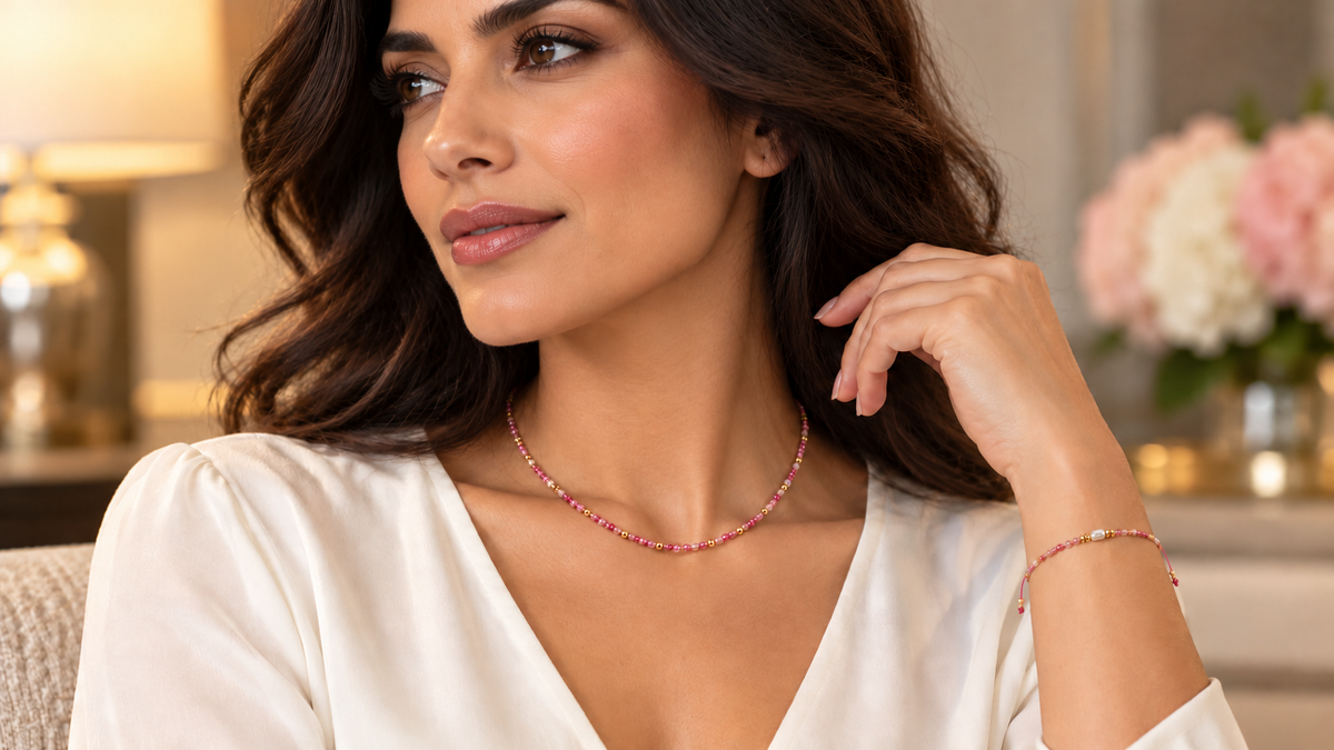 14kt Gold Finished Titanium Steel Genuine Pink Tourmaline & Pearl - Necklace, Bracelet or Set
