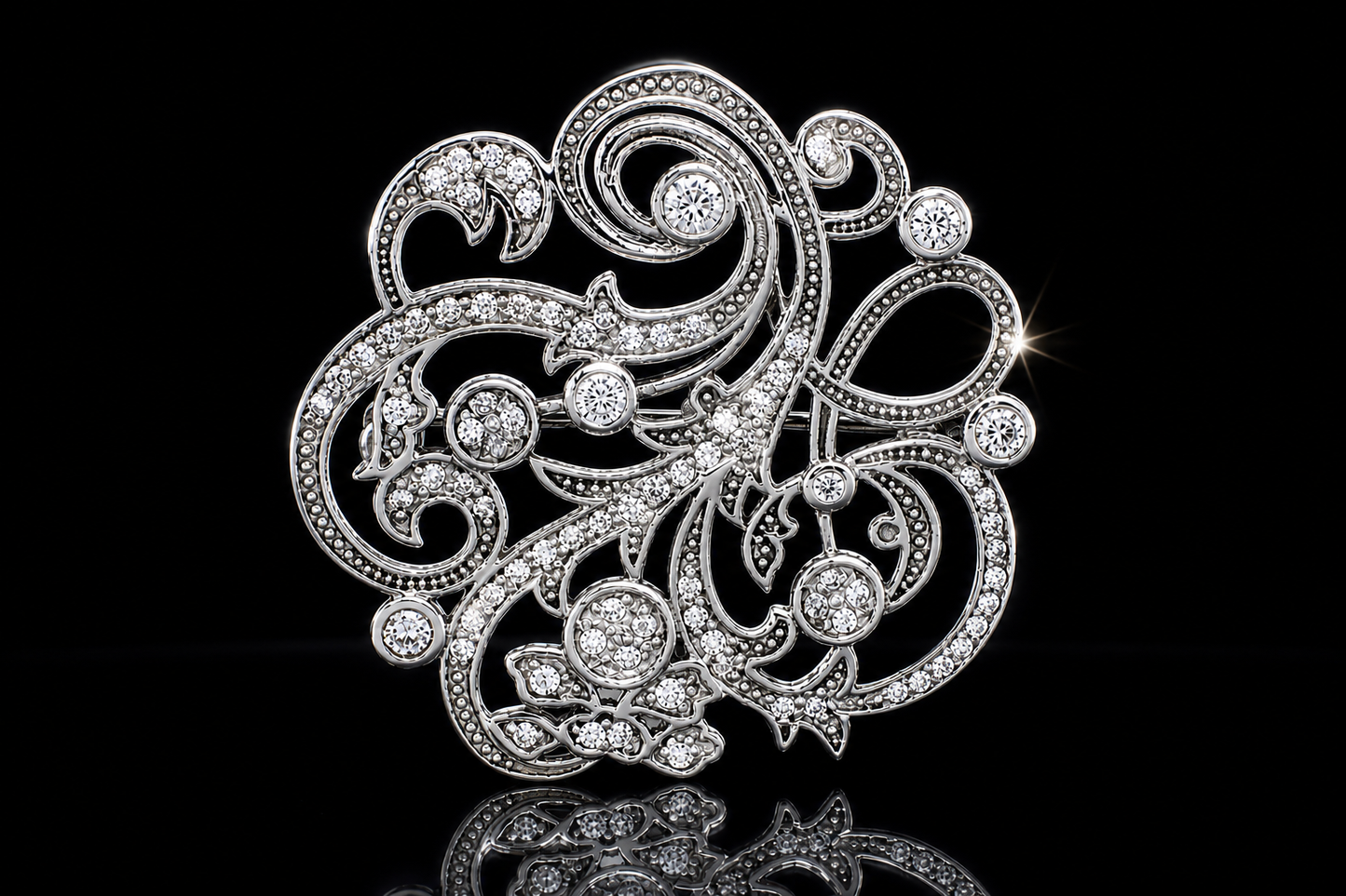 925 Triple Rhodium Finished Fine Italian Silver Vintage Style LG White Sapphire Brooch – 36.9 mm