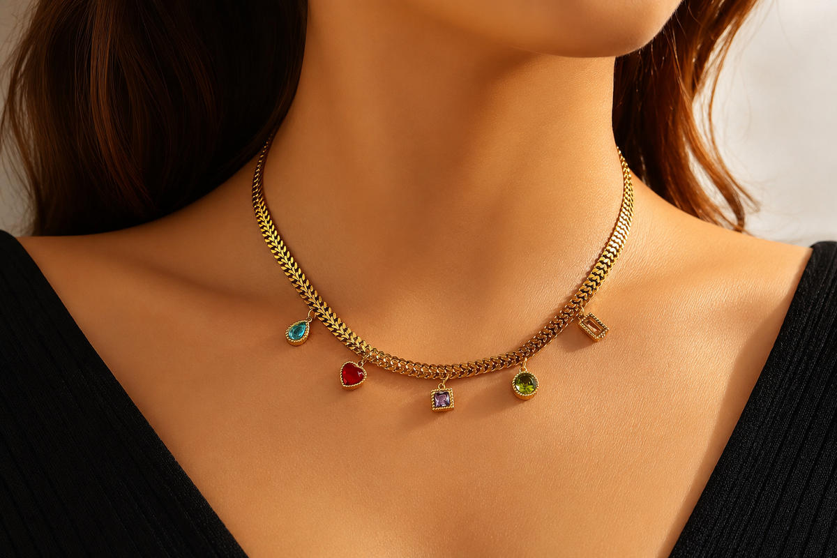 18kt Gold over Titanium Steel Multi-Shape Gemstone Charm Necklace, 16.5" Adjustable