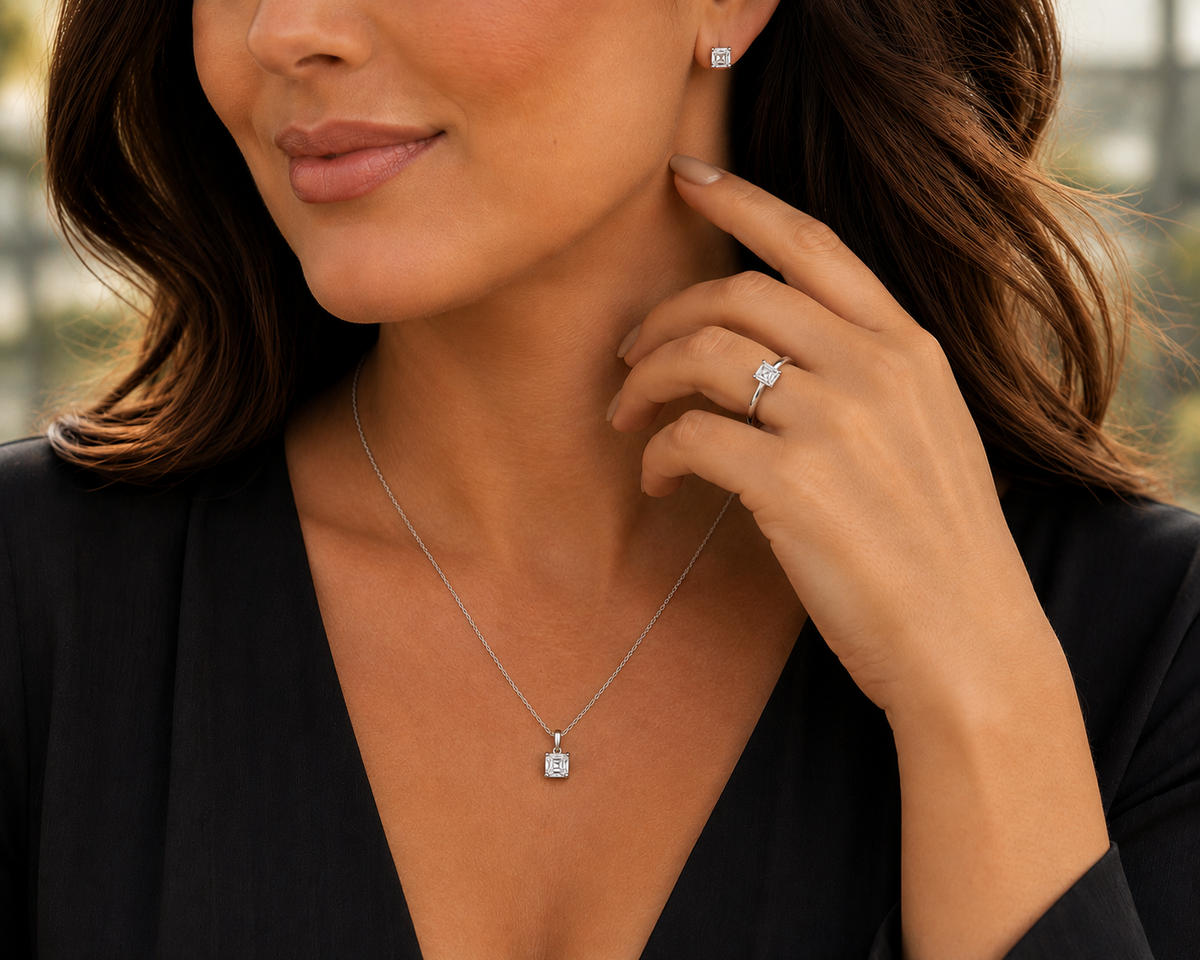 925 Triple Rhodium Sterling Silver Asscher-Cut Lab White Sapphire Necklace, Earrings & Ring Set