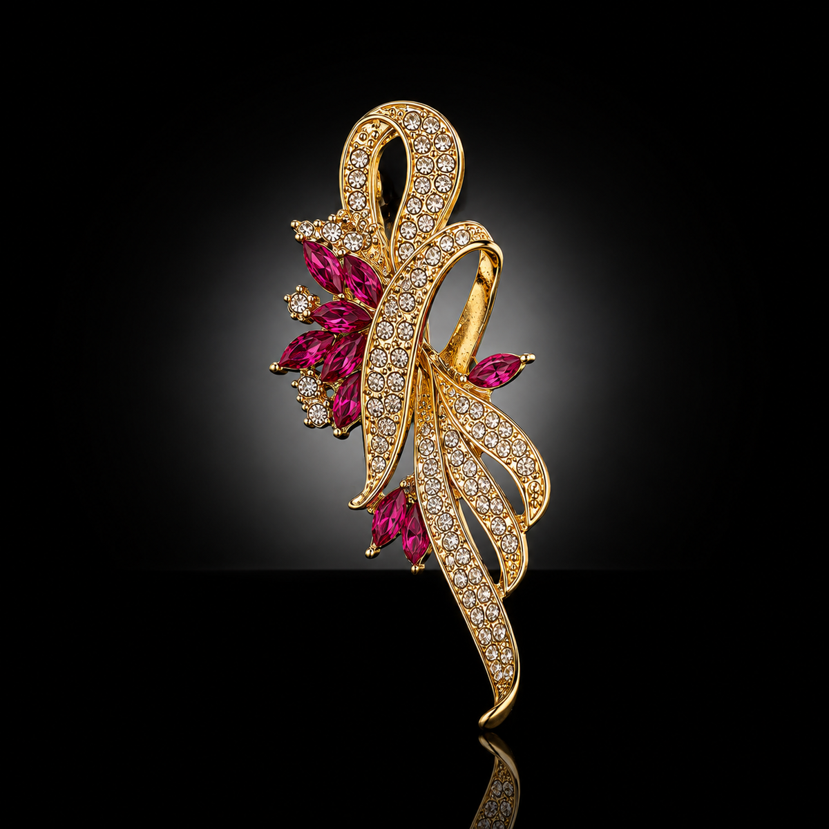 27 x 66 mm Lab Created  Ruby & Crystal Ribbon Brooch