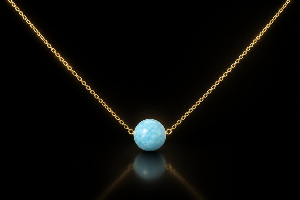 14kt. Yellow Gold  9.5mm Genuine Larimar Bead Necklace Adj. 22" Chain