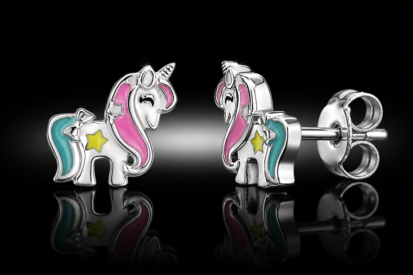 925 Rhodium & Enamel Unicorn Stud Earrings for Kids (Ages 4-15)