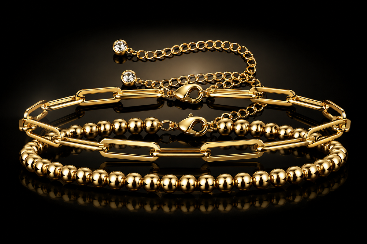 18kt Gold over Titanium Steel Crystal-Accented Bracelet Paper Clip & Beaded Chain