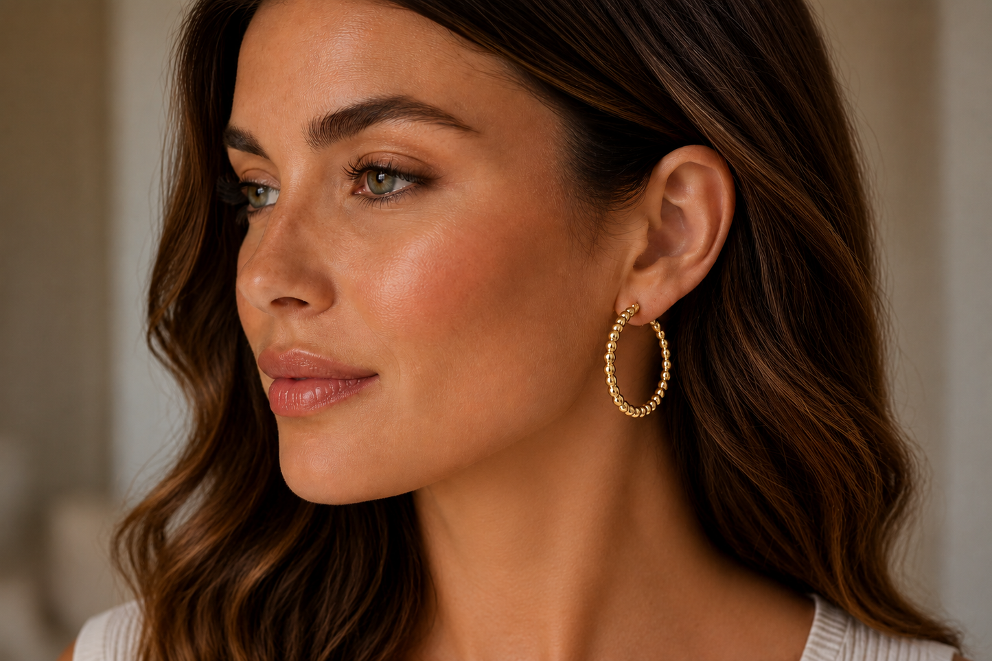 18kt Gold over Titanium Steel 30x3mm Beaded Hoop Earrings