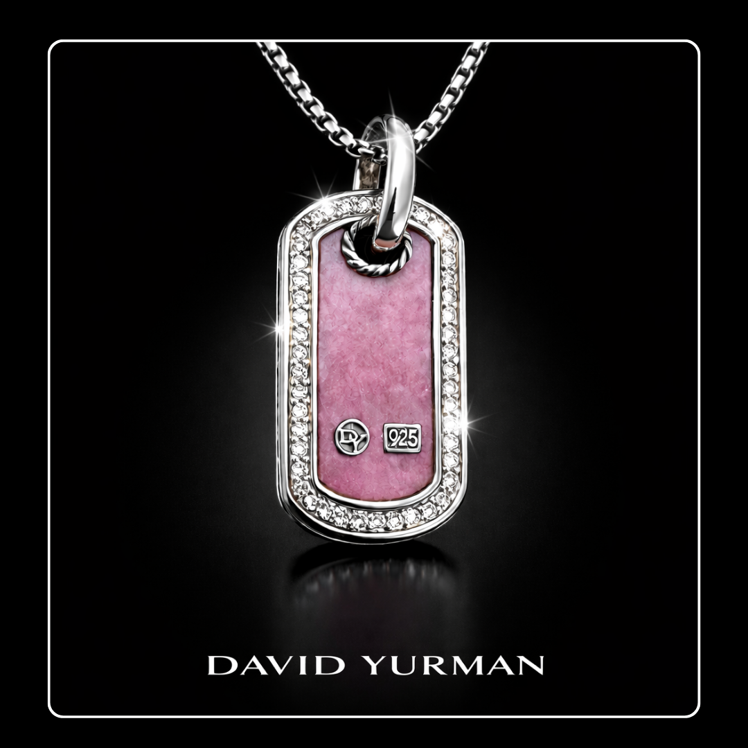 David Yurman Rhodonite & Diamond Dog Tag + Chain