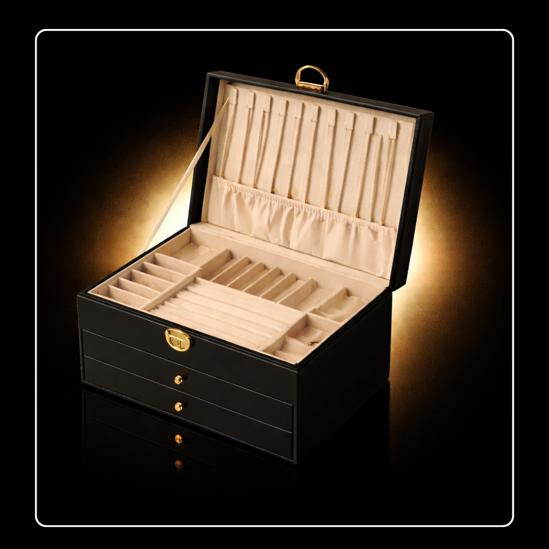 Three Tier Quilted Jewelry Box - Black