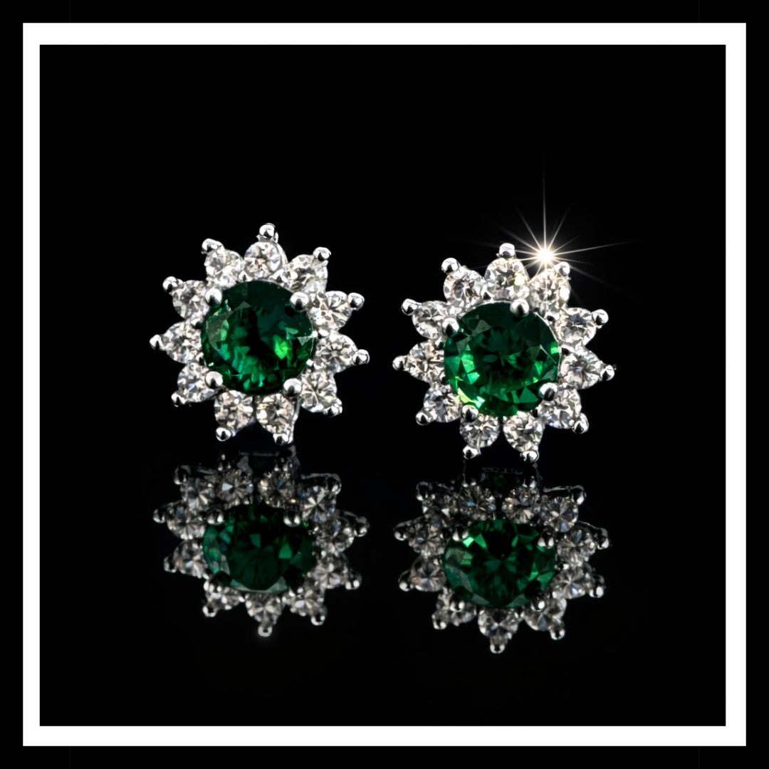 Green & White Moissanite Halo Stud Earrings – 2.66 CTW – 925 Rhodium Finished Sterling Silver