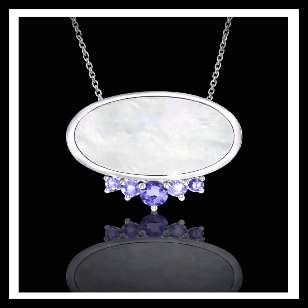 925 Rhodium Finished Sterling Silver Mother of Pearl and Amethyst Pendant Necklace