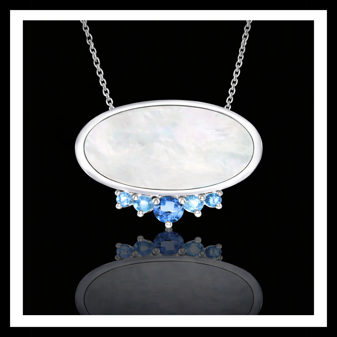 925 Rhodium Finished Sterling Silver Mother of Pearl and Sky Blue Topaz Pendant Necklace