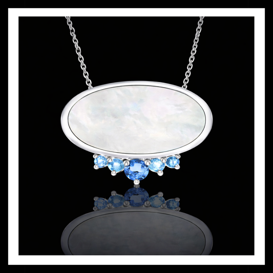 925 Rhodium Finished Sterling Silver Mother of Pearl and Sky Blue Topaz Pendant Necklace