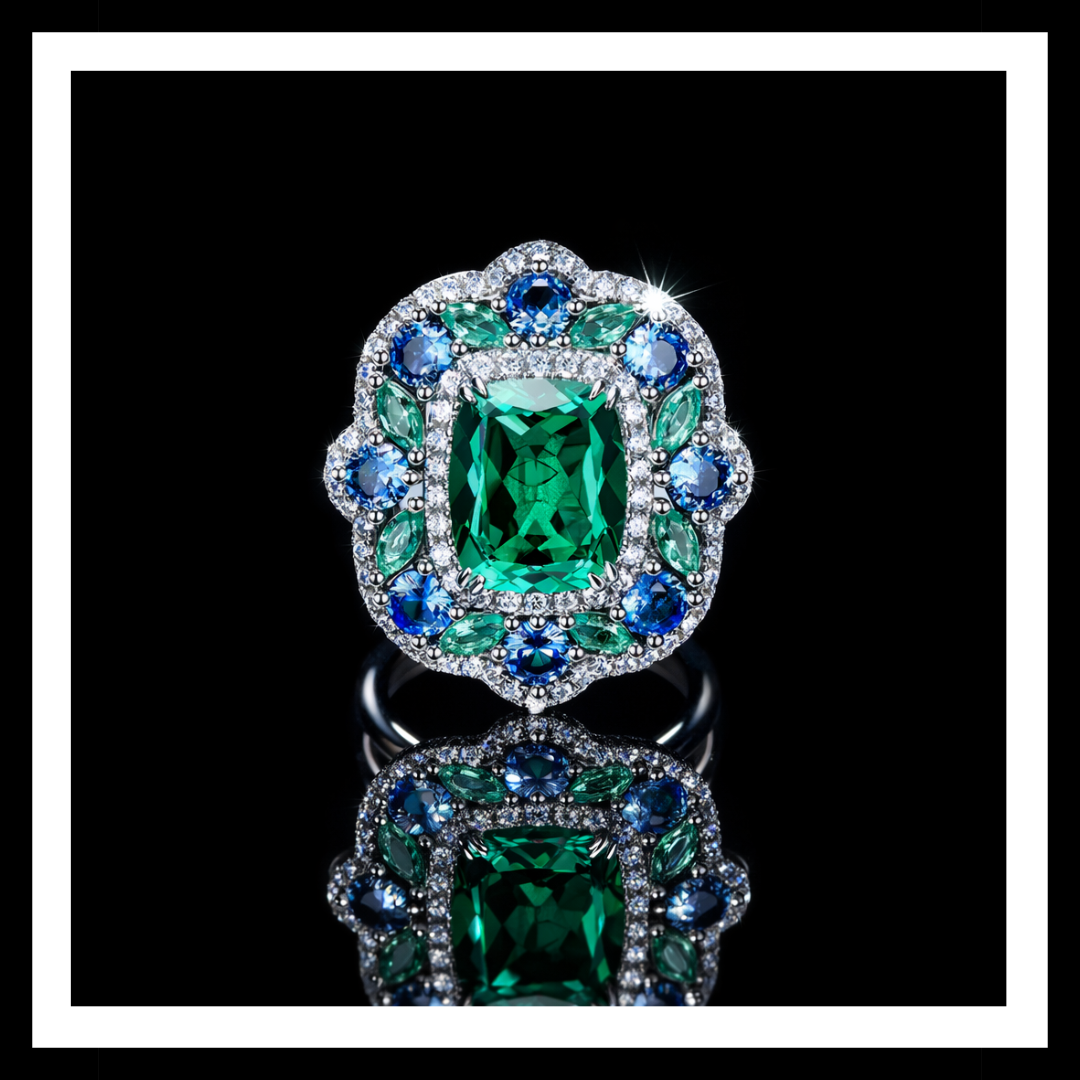 925 Platinum Finished Sterling Silver 5 CTW Emerald, Tanzanite & White Crystalline Ring by Anna Zuckerman