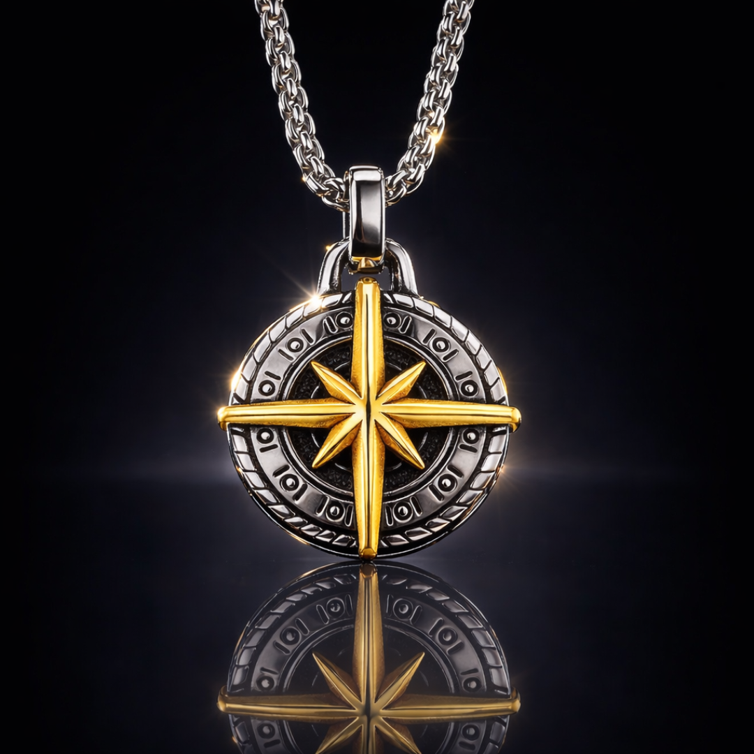 14 kt. IP Plated Stainless-Steel Men's 25mm Compass Pendant with 22" Round Box Chain