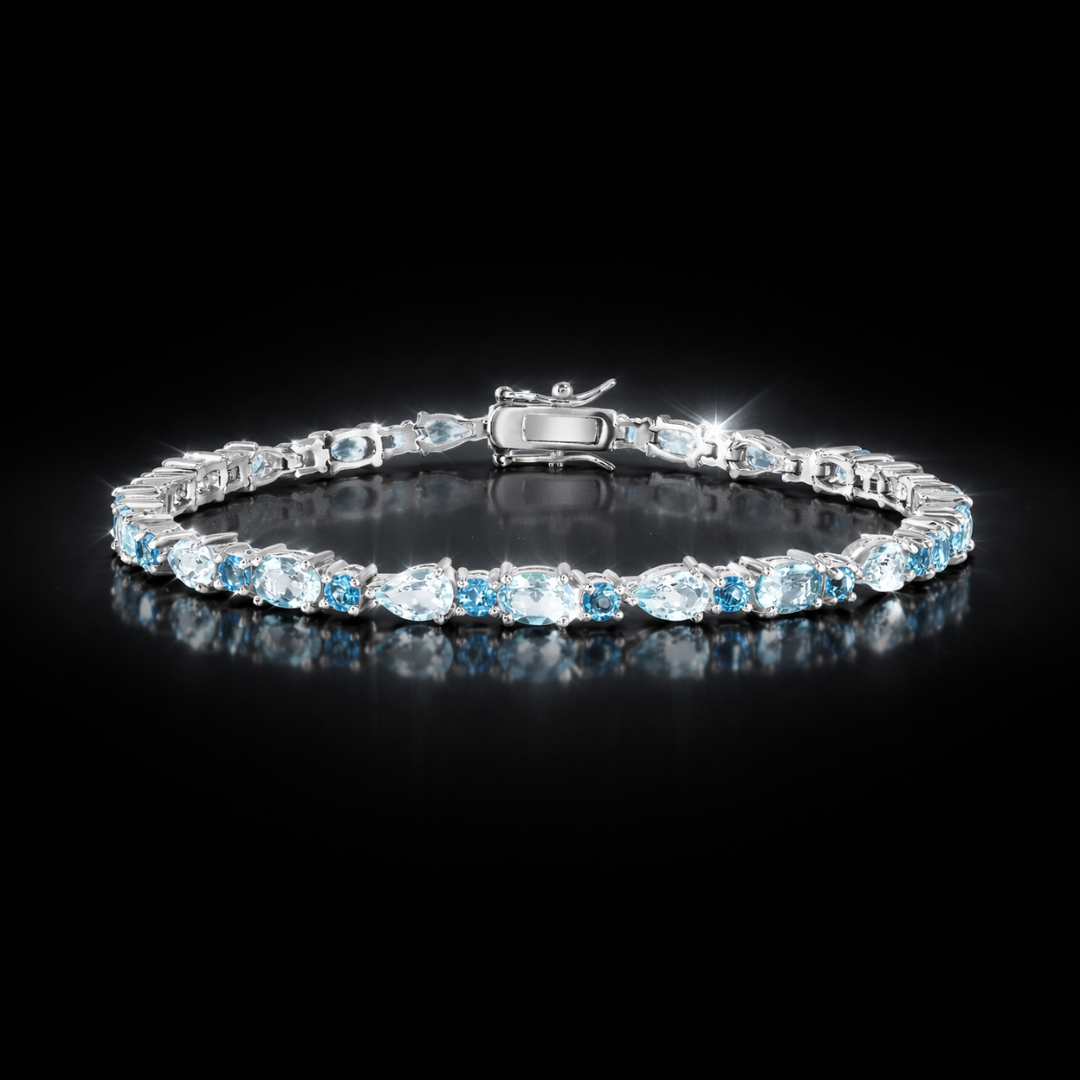 925 Rhodium Finished Sterling Silver 12.24 ctw Genuine Swiss & Sky Blue Topaz Bracelet – 7.25"