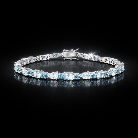 925 Rhodium Finished Sterling Silver 12.24 ctw Genuine Swiss & Sky Blue Topaz Bracelet – 7.25"