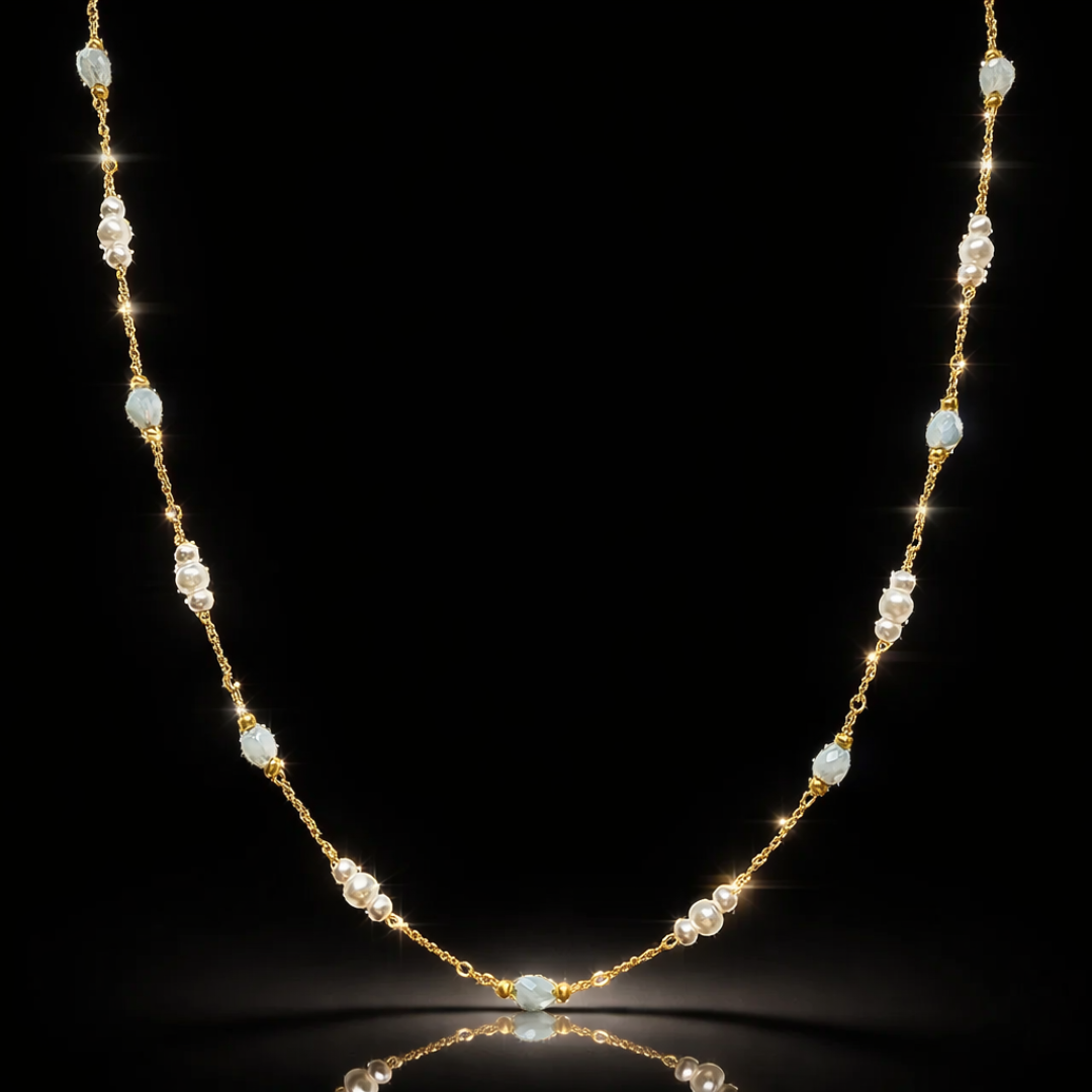 14 kt Yellow Gold IP-Plated Stainless-Steel Aquamarine &amp; Pearl Necklace – 20"