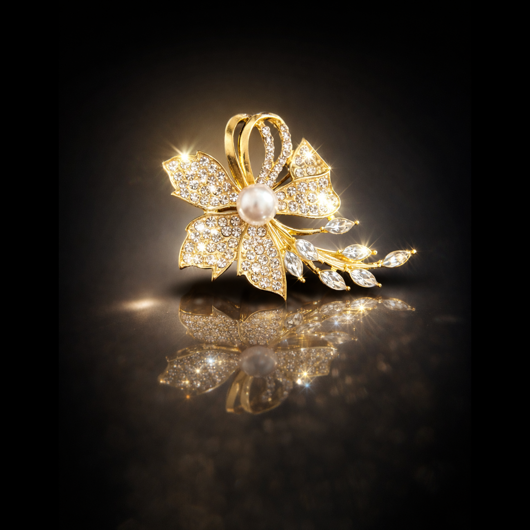 14 kt. Yellow Gold Finished Cubic Zirconia & Faux Pearl Pavé Flower Brooch