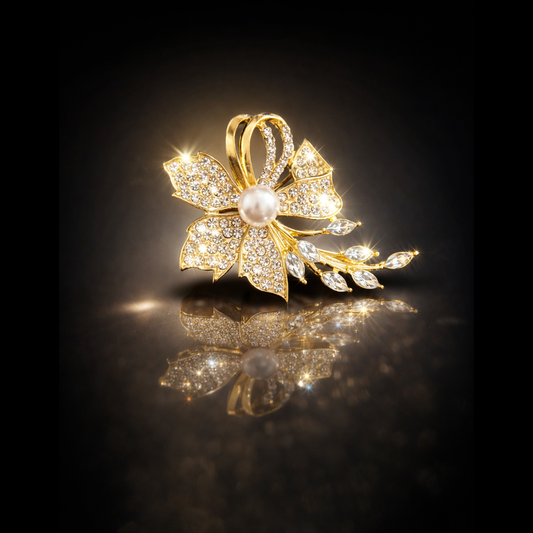 14 kt. Yellow Gold Finished Cubic Zirconia & Faux Pearl Pavé Flower Brooch