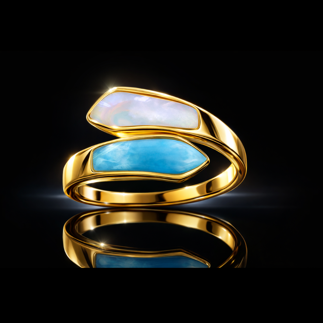 14 kt. Yellow Gold over Silver Mother-of-Pearl & Larimar Bypass Ring