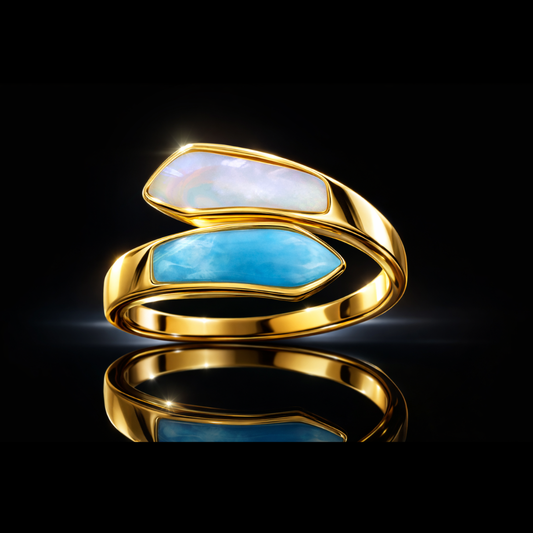 14 kt. Yellow Gold over Silver Mother-of-Pearl & Larimar Bypass Ring